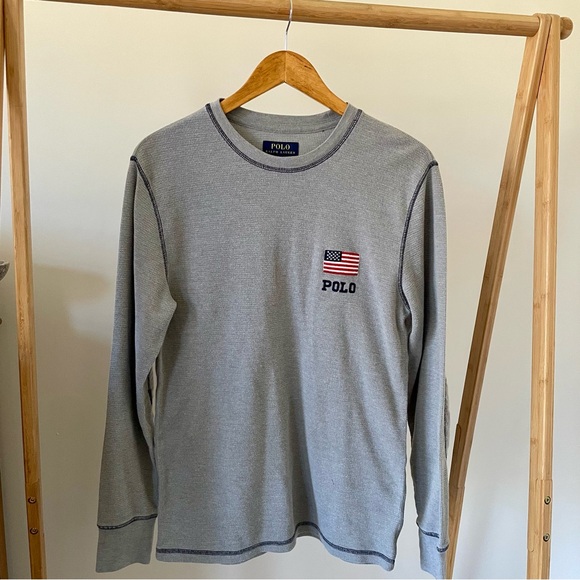 Polo Ralph Lauren Embroidered American Flag Logo Thermal Long Sleeve Tee in Gray - Picture 3 of 6